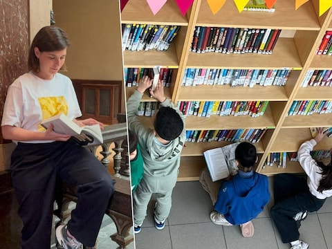 Schepen Lien Van de Kelder. / De schoolbibliotheek in De Ark in Wilrijk.