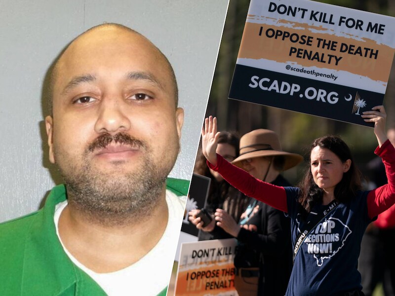 Links: Mikal Mahdi een dag voor zijn executie. Rechts: Tegenstanders van de doodstraf demonstreren bij de gevangenis in Columbia (South Carolina) tegen de voltrekking van het vonnis tegen Mahdi.