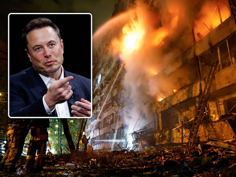 Brandweerlieden aan het werk bij een appartementsgebouw in Kiev dat dinsdag werd getroffen door een Russische raketaanval. Inzet: Elon Musk, de eigenaar van SpaceX, dat de werking van Starlink in Oekraïne heeft beperkt.