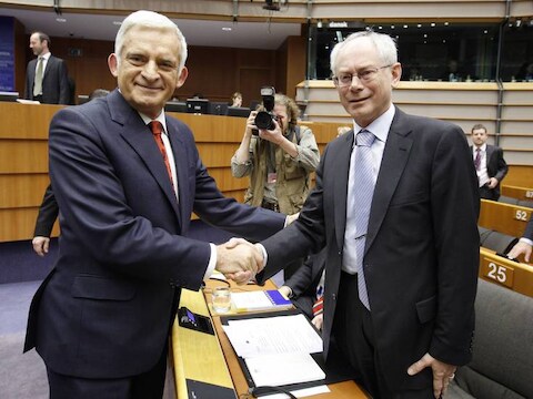 De voorzitter van het Europees Parlement Jerzy Buzek met Herman Van Rompuy.