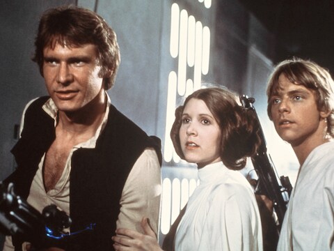 Harrison Ford, Carrie Fisher en Mark Hamill in 'Star Wars' (1977).