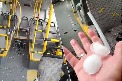 KIJK. “Overal glas”: chauffeur filmt hoe gigantische hagelbollen dakramen van Lijnbus vernielen