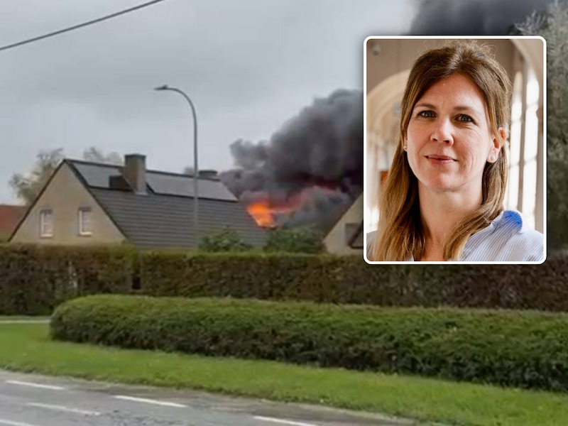 Een beeld van de zware brand in een loods in Kortrijk. Inzet: Griet De Prest van het West-Vlaamse parket.