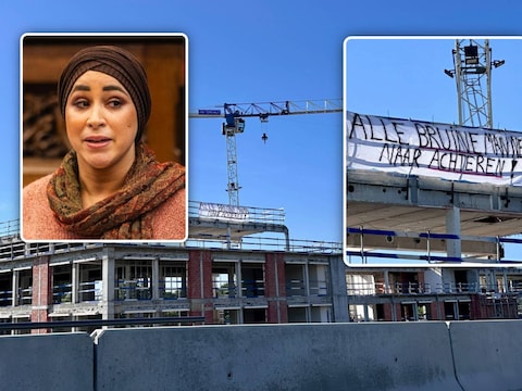 Het spandoek ‘Alle bruine mannen naar achteren!’ hing op een bouwwerf in Drongen. Inzetfoto: Hafsa El-Bazioui, waarnemend burgemeester van Gent.