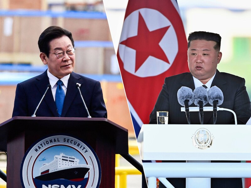 Links: De Zuid-Koreaanse president Lee Jae-myung, Rechts: Kim Jong-un 