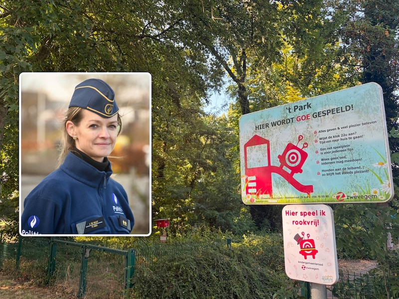 Het gemeentepark in Zwevegem. Foto inzet: commissaris Jana De Wulf.