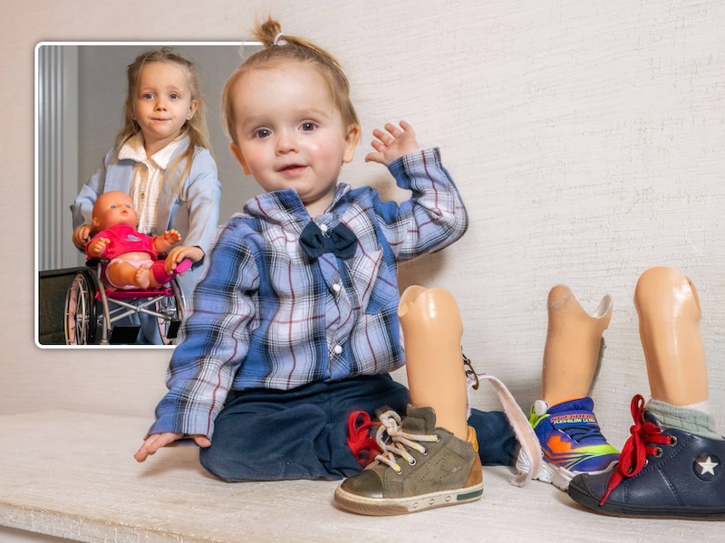 Vierde keer, goede keer? Vanaf nu stapt Jonael met het kunstbeentje in de schoen met de ster. Rechts van hem zie je de eerste en op de voorgrond zijn tweede prothese in de grijze schoen. Nummer drie is herbruikt om de huidige prothese te maken. In het kadertje zijn grote zus Eljona.