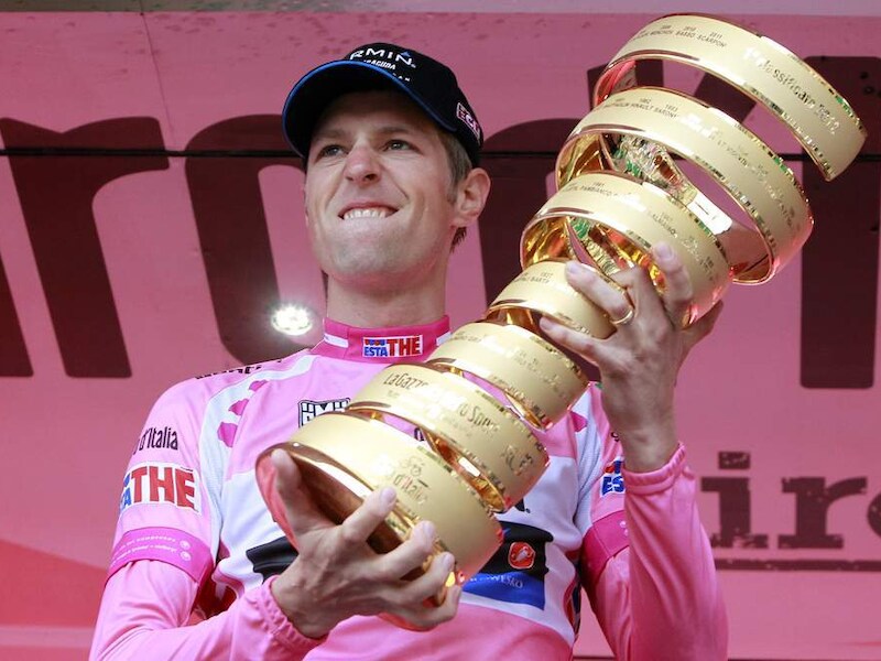 Ryder Hesjedal vorig jaar bij de overwinning in de Giro