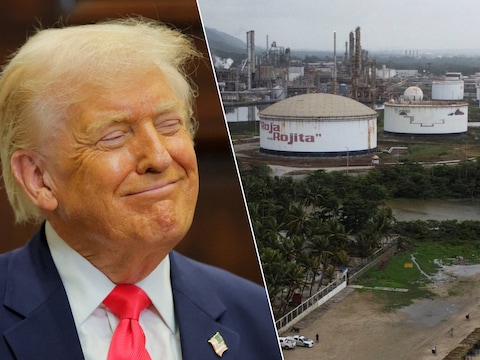 Links: Donald Trump, president van Amerika. Rechts: een olieraffinaderij van het Venezolaanse staatsbedrijf PDVSA in de havenstad Puerto Cabello.