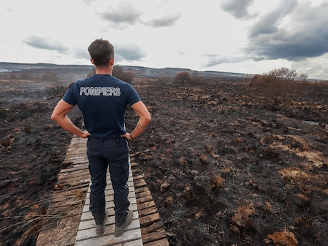 Een brandweerman bekijkt vanop een vlonderpad de vernieling in de Hoge Venen.