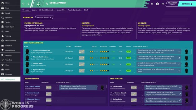 Het ‘development centre’: uitgeleende spelers en de sterkte van je jeugdploegen in één handig overzicht, om je team naar een gouden toekomst te leiden.
