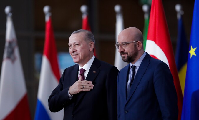 Turks president Recep Tayyip Erdogan ontmoette Europees Raadsvoorzitter Charles Michel gisteren in Brussel.