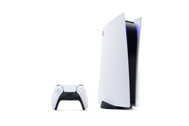 De PlayStation 5 in staande vorm.