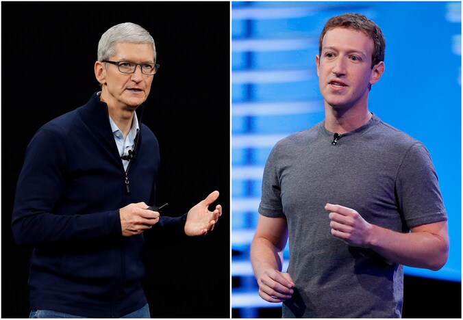 Apple-CEO Tim Cook en Mark Zuckerberg, baas van Facebook.