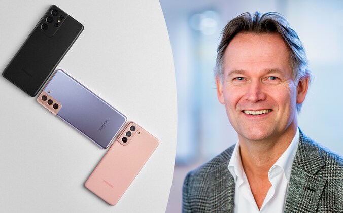 Links: de nieuwe Samsung Galaxy S21-smartphones. Rechts: Willem Visser, Vice President bij Samsung Electronics Benelux