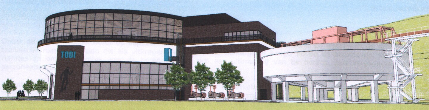 Links op dit simulatiebeeld het toekomstig duikcentrum, rechts het 'waterzuiveringsstation'.