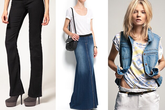Broek met hoge taille bij Asos.com, de maxirok in jeans en oversized vest bij Mango.com.