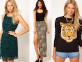 Kanten jurk, rok met split en trui met opvallende print bij Asos.com.