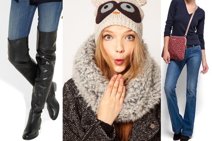 Laarzen van Jimmy Choo, bonten sjaal bij Asos.com, aktetas met dierenprint van Mango.