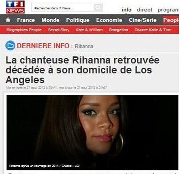 Met deze valse screenshot van nieuwszender TF1, probeerde de grapjas het overlijdensbericht te staven.