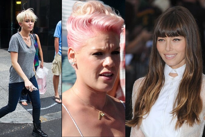 Miley Cyrus met platinablond, Pink met roze lokken en Jessica Biel met blonde puntjes.