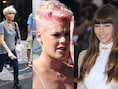 Miley Cyrus met platinablond, Pink met roze lokken en Jessica Biel met blonde puntjes.