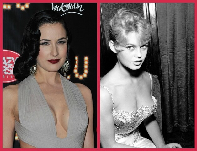 New vs old glamour: Dita Von Teese wint de borstenstrijd van Brigitte Bardot.