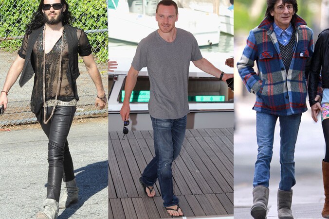 Russel Brand met kettingen en lederen broek, Michael Fassbender met slippers en Ron wood met Uggs.
