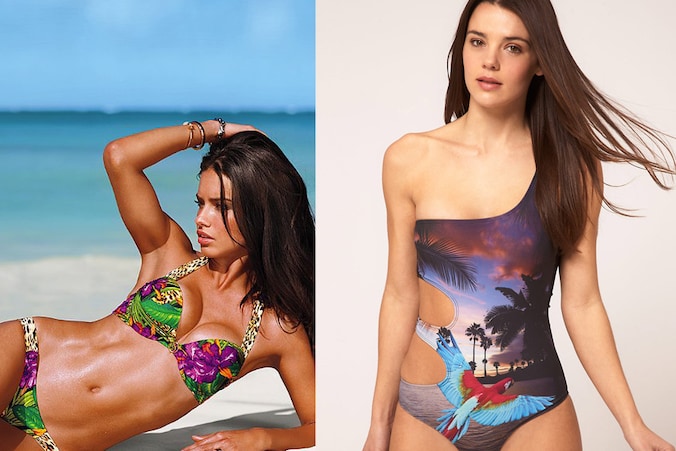 Een bikini met drukke print van Victoria's Secret en sexy asymmetrisch badpak van Asos.com.