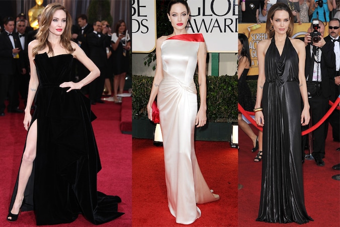 Angelina op de Oscars en de Golden Globes in Versace, ook met de zwarte creatie van Jenny Packham staat ze beeldig.