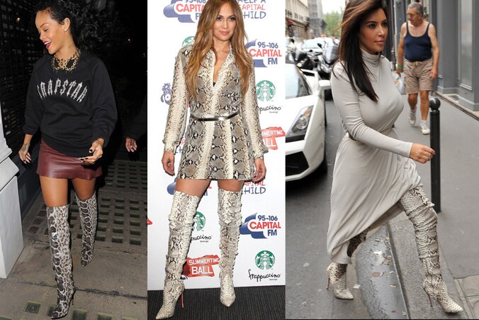 Rihanna, Jennifer Lopez en Kim Kardashian met laarzen in van pythonleder.