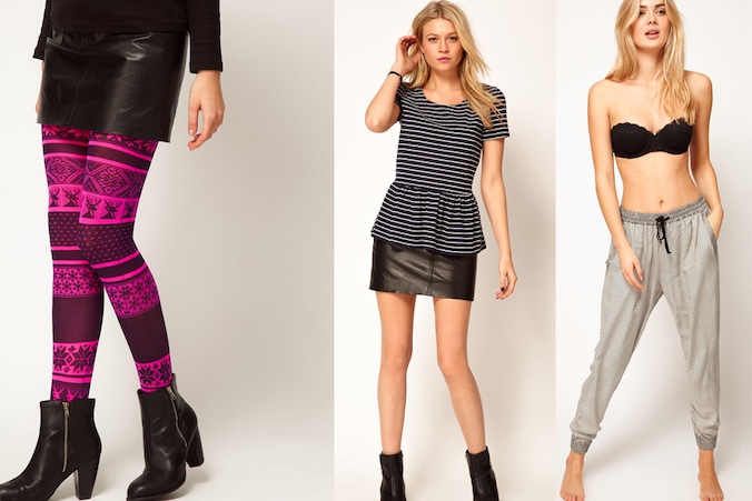 Kleurrijke panty's, de onflatterende peplum en een zijden harembroek bij Asos.com.
