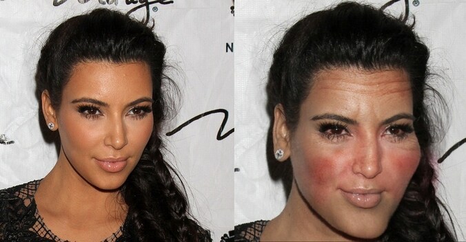 Links: de normale Kim Kardashian, rechts: het effect van tien glazen wijn per week.