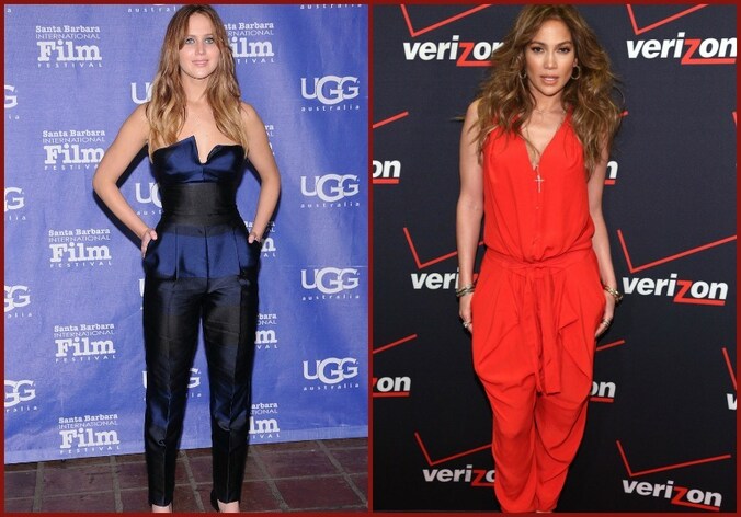Jennifer Lawrence (links) toont Jennifer Lopez (rechts) hoe een jumpsuit stijlvol kan zijn.