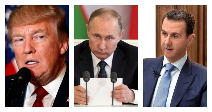Hoofdrolspelers Trump, Poetin en Assad.