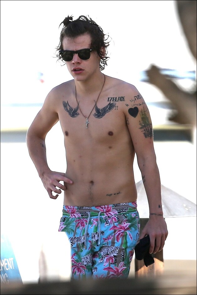 Het getatoeëerde lichaam van Harry Styles.