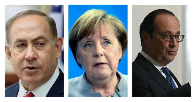 Netanyahu, Merkel en Hollande.