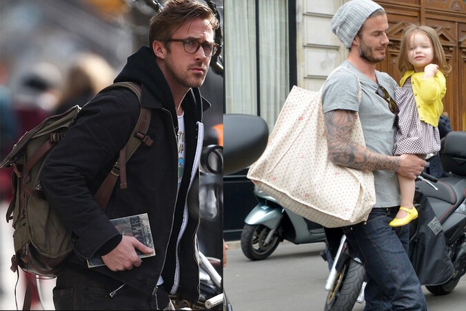 Ryan Gosling met de rugzak, David Beckham met de schoudertas.