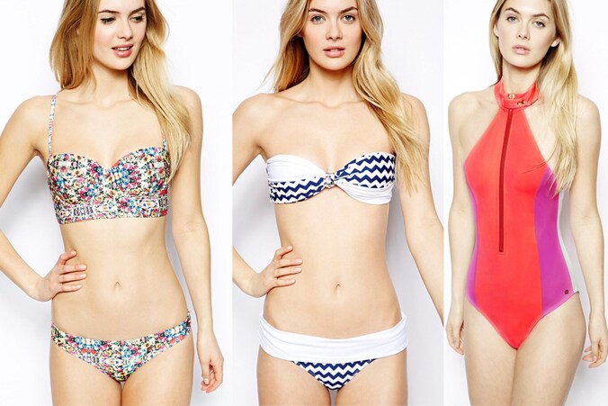 Korsetachtige bikini, zigzagpatroon en sexy, sportief badpak bij Asos.com.