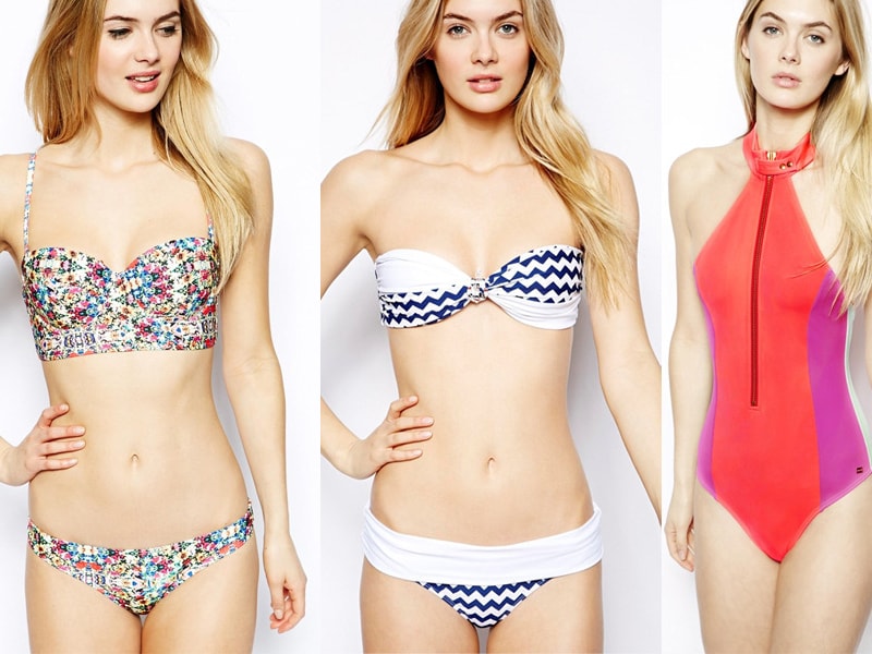 Korsetachtige bikini, zigzagpatroon en sexy, sportief badpak bij Asos.com.