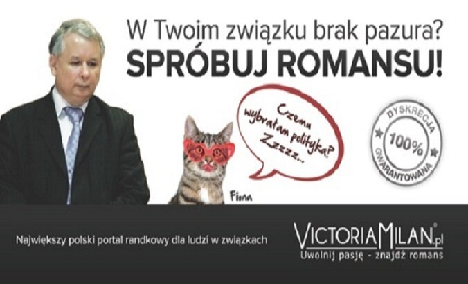 Gecorrigeerde versie van het billboard met Jaroslaw Kaczynski en zijn kat 'Fiona'