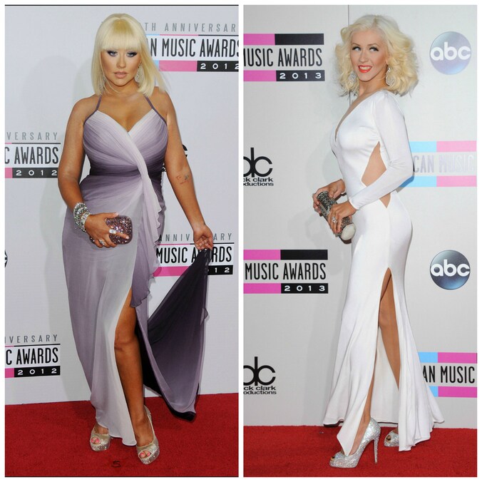 Christina Aguilera op de American Music Awards in 2012 en 2013.