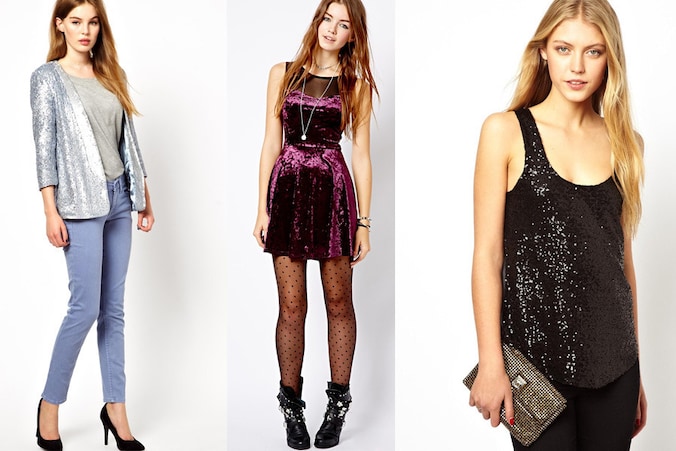 Feestelijke blazer, transparante panty's en fluwelen jurk en schitterende clutch bij Asos.com.