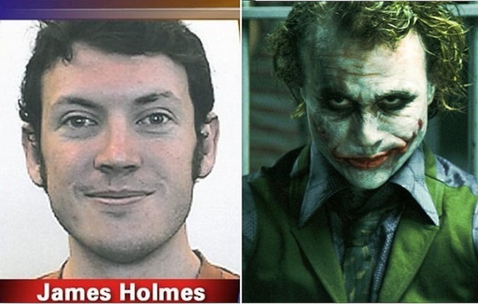 Links dader James Holmes en rechts Heath Ledger als het personage 'The Joker' uit de Batman-films.