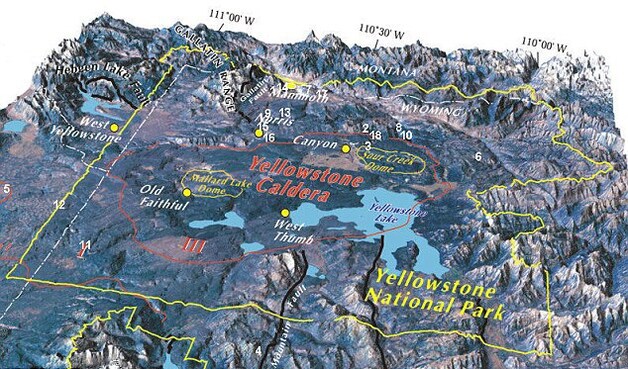 Het Yellowstone caldera (de cirkel in het rood) in Wyoming vormt 's werelds grootste supervulkaan.