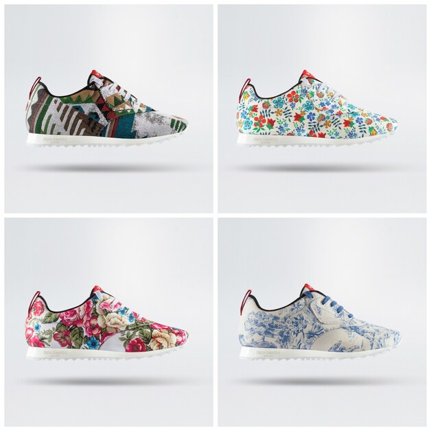 Enkele sneakers uit de Vittel Collection. Met de klok mee: Aztec, Liberty, Jouy en Botanico.