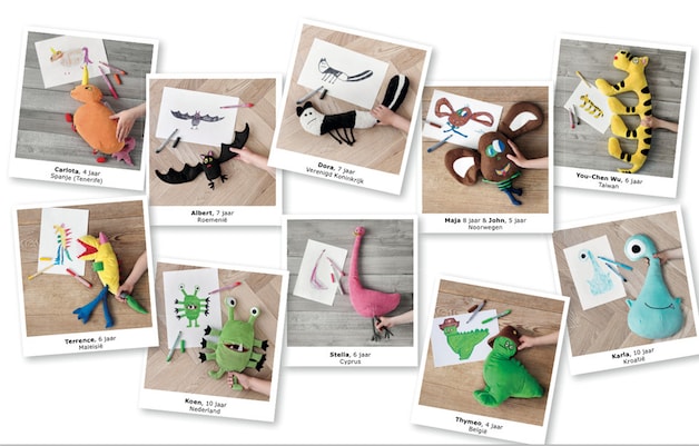 De tien tekeningen met de bijhorende knuffels.