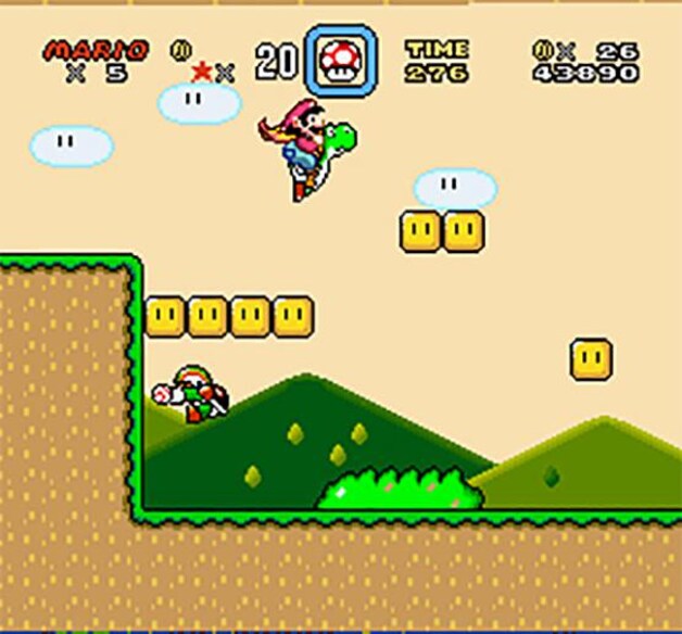 Super Marioworld, het eerste spel waarin Mario de hulp kreeg van de dinosaurus Yoshi.