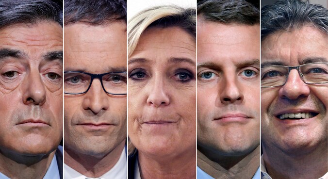 Vlnr. Francois Fillon, Benoit Hamon, Marine Le Pen, Emmanuel Macron en Jean-Luc Melenchon.