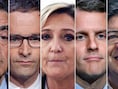 Vlnr. Francois Fillon, Benoit Hamon, Marine Le Pen, Emmanuel Macron en Jean-Luc Melenchon.